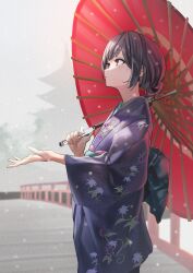 Rule 34 | 1girl, absurdres, architecture, blue hair, bridge, dark blue hair, east asian architecture, ekitabu hosii, floral print, from behind, hair bun, highres, holding, holding umbrella, idolmaster, idolmaster shiny colors, japanese clothes, kimono, looking up, morino rinze, oil-paper umbrella, outdoors, purple kimono, red eyes, single hair bun, snowing, solo, umbrella