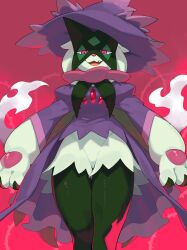 Rule 34 | cosplay, creatures (company), fusion, game freak, gen 4 pokemon, highres, kame (3t), looking at viewer, meowscarada, mismagius, mismagius (cosplay), nintendo, open mouth, pink background, pink eyes, pokemon, pokemon (creature), simple background, solo