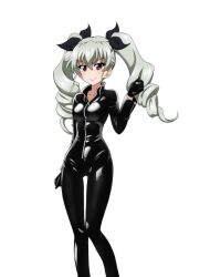 Rule 34 | 1girl, anchovy (girls und panzer), black bodysuit, black gloves, black ribbon, bodysuit, breasts, brown eyes, closed mouth, collarbone, drill hair, girls und panzer, gloves, green hair, hair ribbon, highres, key (gaigaigai123), large breasts, long hair, long sleeves, looking at viewer, ribbon, shiny clothes, smile, solo, twin drills, zipper, zipper pull tab