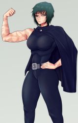 Rule 34 | 1girl, abs, absurdres, bare shoulders, belt, bodysuit, breasts, cape, expressionless, female focus, flexing, green hair, highres, jujutsu kaisen, large breasts, looking at viewer, muscular, muscular female, one-eyed, resized, short hair, solo, third-party edit, yellow eyes, zenin maki