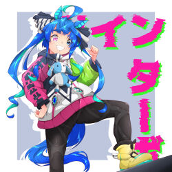Rule 34 | 1girl, absurdres, ahoge, animal ears, ankle boots, aqua hair, black bodysuit, black ribbon, blue eyes, blue hair, bodysuit, boots, character name, commentary, crossed bangs, drawstring, foot up, grin, hair ribbon, hand on own hip, heterochromia, highres, hood, hood down, hooded coat, horse ears, horse girl, horse tail, long hair, long sleeves, looking at viewer, maezuru, multicolored hair, pointing, pointing at self, purple eyes, ribbon, sharp teeth, sidelocks, silhouette, smile, solo, standing, star (symbol), star print, stuffed animal, stuffed rabbit, stuffed toy, tail, teeth, text background, twin turbo (umamusume), twintails, two-tone hair, umamusume, yellow footwear