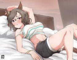 Rule 34 | 1girl, absurdres, animal ears, arm up, bed, bed frame, black shorts, blush, breasts, brown eyes, brown hair, commentary request, cropped shirt, ear ornament, feet out of frame, highres, horse ears, horse girl, horse tail, large breasts, libella cowdery, looking at viewer, midriff, navel, on bed, open fly, open mouth, pillow, shirt, short hair, shorts, solo, strap slip, striped clothes, striped shirt, tail, tap dance city (umamusume), umamusume