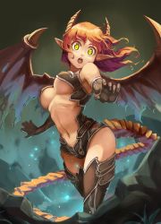 Rule 34 | 1girl, akefumi, bad id, bad pixiv id, breasts, brown hair, center opening, dragon girl, dragon horns, dragon tail, dragon wings, fantasy, gloves, green eyes, highres, horns, long hair, monster girl, navel, open mouth, original, pointy ears, sketch, solo, tail, underboob, wings