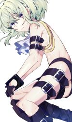 Rule 34 | 1boy, arm belt, ascot, belt, boots, bound, colored eyelashes, cuffs, gloves, green hair, half gloves, handcuffs, highres, knee boots, lio fotia, looking at viewer, lying, male focus, multiple belts, nipples, official alternate costume, on side, promare, purple eyes, restrained, revealing clothes, rinno promare, short hair, short shorts, shorts, simple background, solo, sweatdrop, thigh belt, thigh strap, topless male, trap, white ascot, white background