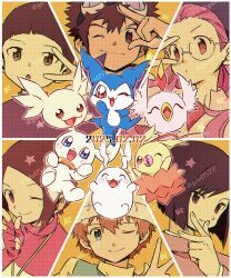 2girls 4boys black_hair blonde_hair blue_eyes brown_hair chibimon dated digimon digimon_(creature) digimon_adventure_02 fangs feathers gdn0522 glasses goggles goggles_on_head green_shirt group_picture hat head_wings hida_iori ichijouji_ken inoue_miyako leafmon minomon motomiya_daisuke multiple_boys multiple_girls one_eye_closed pink_feathers pink_shirt plotmon poromon purple_hair shirt short_hair takaishi_takeru tokomon twitter_username upamon white_hat wings yagami_hikari