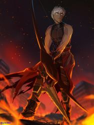 Rule 34 | 1boy, alter servant, archer (fate), archer alter (fate), armor, bare shoulders, bow (weapon), corruption, dark-skinned male, dark skin, fate/grand order, fate/grand order: first order, fate (series), fingerless gloves, fire, gloves, greaves, hachito hikaru, male focus, muscular, muscular male, ruins, solo, weapon, white hair, yellow eyes