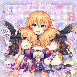 Rule 34 | 3girls, :d, ;), ;d, arm on another&#039;s shoulder, asymmetrical docking, bare shoulders, birthday, blue eyes, blush, braid, braided ponytail, breast pillow, breast press, breasts, chain, chain necklace, cleavage, clothing cutout, commentary request, cuffs, date a live, drill hair, fang, fingerless gloves, gloves, hair between eyes, hands up, happy, happy birthday, head on chest, highres, holding hands, hug, index finger raised, interlocked fingers, kazamachi yamai, large breasts, long hair, looking at viewer, medium breasts, midriff, multiple girls, multiple persona, navel, necklace, one eye closed, open mouth, orange hair, revealing clothes, shackles, siblings, single braid, smile, teeth, time paradox, translation request, tsubasaki, twin drills, twins, underboob, underboob cutout, upper body, upper teeth only, very long hair, yamai kaguya, yamai kazamachi, yamai yuzuru