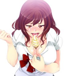 Rule 34 | 1girl, blush, breasts, brown eyes, brown hair, cleavage, face, female focus, food, huge breasts, ice cream, licking, long hair, minamoto (mutton), original, school uniform, sexually suggestive, solo, tongue, tongue out