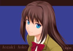 Rule 34 | 1girl, aozaki aoko, blue eyes, brown hair, character name, hair intakes, logo, long hair, mahou tsukai no yoru, school uniform, shirotsumekusa, solo