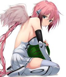 Rule 34 | 1girl, android, angel, angel wings, bare back, bare shoulders, black hair, black sleeves, boots, breasts, collar, detached sleeves, dress, food, from side, fruit, full body, gradient hair, green eyes, hair between eyes, hair ribbon, highres, hug, ikaros, large breasts, leaning forward, long hair, miniskirt, momihige, multicolored hair, pink hair, pleated skirt, red ribbon, ribbon, robot ears, sideboob, simple background, sitting, skirt, sleeveless, sleeveless dress, solo, sora no otoshimono, thigh boots, thighhighs, very long hair, wariza, watermelon, white background, white dress, white footwear, white skirt, white thighhighs, white wings, wings