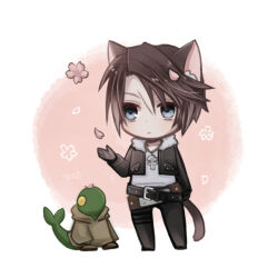 Rule 34 | 1boy, animal ears, belt, black belt, black gloves, black jacket, black pants, blue eyes, brown hair, brown robe, cat boy, cat ears, cat tail, cherry blossoms, chibi, cropped jacket, dated, falling petals, final fantasy, final fantasy viii, flower, full body, fur-trimmed jacket, fur trim, gloves, hand up, hiryuu (kana h), hooded robe, jacket, jewelry, leather belt, looking to the side, looking up, male focus, multiple belts, necklace, open clothes, open jacket, pants, petal on head, petals, pink background, pink flower, pink petals, robe, scar, scar on face, shirt, short hair, signature, simple background, solo, squall leonhart, standing, tail, tonberry, white shirt, yellow eyes