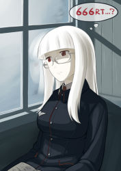 Rule 34 | 1girl, blunt bangs, book, brown eyes, glasses, heidimarie w. schnaufer, long hair, looking outside, medal, military, military uniform, reflection, rikizo, sitting, solo, speech bubble, strike witches, uniform, white hair, window, world witches series
