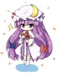 Rule 34 | 1girl, :&lt;, artist request, bad id, bad pixiv id, braid, chibi, crescent, crescent hat ornament, female focus, full body, hat, hat ornament, long hair, patchouli knowledge, purple eyes, purple hair, simple background, solo, touhou, very long hair