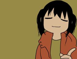 Rule 34 | 1girl, black hair, brown background, closed eyes, closed mouth, coat, commentary, cosplay, drakeposting (meme), explosion psycho, facing viewer, haguruma hasami (explosion psycho), highres, meme, open clothes, open coat, orange coat, original, simple background, solo, upper body