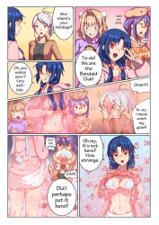 Rule 34 | 4girls, ahoge, arcueid brunestud, axia-chan, bandaid, bandaid on face, bandaid on nose, blue hair, blush, braid, breasts, burger, cleavage, comic, covering another&#039;s eyes, covering own eyes, crossed arms, drooling, elesia, english text, fang, fangs, food, from behind, glasses, groin, highres, large breasts, licking lips, melty blood, multiple girls, navel, one eye closed, pajamas, purple hair, rabbit background, rabbit pajamas, red arcueid, red eyes, riesbyfe stridberg, self exposure, shaded face, sion eltnam atlasia, sparkle, tan background, thighs, tongue, tongue out, tsukihime, v, yuri