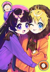 Rule 34 | 1boy, 1girl, :d, :p, absurdres, belt, beret, black hair, blonde hair, blue eyes, blunt bangs, blush stickers, chibi, chibi inset, fur collar, gloves, hand on another&#039;s shoulder, hat, highres, hood, hood up, hoodie, hug, kenny mccormick, long hair, long sleeves, looking at viewer, one eye closed, open mouth, purple eyes, q yan31, short hair, smile, south park, thick eyebrows, tongue, tongue out, v, wendy testaburger, yellow background