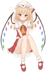 Rule 34 | 1girl, :t, puff of air, absurdres, bare legs, blonde hair, crystal, flandre scarlet, frilled sailor collar, frills, gaden19, hat, highres, looking at viewer, mob cap, one side up, petticoat, pout, puffy short sleeves, puffy sleeves, red eyes, red skirt, red vest, sailor collar, shirt, short sleeves, simple background, skirt, solo, touhou, vest, white background, white shirt, wings