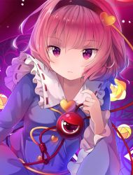Rule 34 | 1girl, blue dress, blush, collar, commentary, cropped, dress, frilled collar, frilled sleeves, frills, hairband, hand up, hitsukuya, komeiji satori, long sleeves, looking at viewer, parted lips, pink hair, purple eyes, short hair, solo, third eye, touhou, upper body, wide sleeves