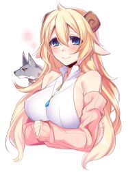 Rule 34 | 1girl, ahoge, animal ears, bare shoulders, blonde hair, blue eyes, blush, breasts, commentary request, dated, hair between eyes, horns, konshin, large breasts, long hair, long sleeves, looking at viewer, necktie, original, pink ribbon, ribbon, sheep ears, sheep horns, sideboob, signature, sleeves past wrists, smile, solo, upper body, white background, wolf