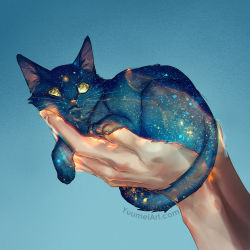 Rule 34 | 1other, animal, animal ear fluff, black cat, blue background, cat, closed mouth, commentary, english commentary, full moon, gradient background, hands up, highres, holding, holding animal, looking at viewer, moon, original, star (sky), transparent, watermark, web address, yuumei