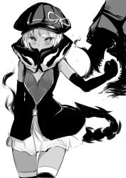 Rule 34 | 10s, 1girl, black rock shooter, clenched hand, greyscale, highres, hood, hoodie, m-da s-tarou, mechanical arms, monochrome, short hair, single mechanical arm, solo, strength (black rock shooter), tail, thighhighs, white hair