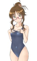 Rule 34 | 1girl, aimobake, akizuki ritsuko, blue one-piece swimsuit, blush, brown hair, closed mouth, commentary, covered navel, cowboy shot, flower, glasses, hair bun, hair flower, hair ornament, hands on own chest, head tilt, highres, idolmaster, idolmaster (classic), light frown, looking at viewer, looking over eyewear, messy hair, one-piece swimsuit, red-framed eyewear, short hair, sidelocks, simple background, single hair bun, solo, standing, swimsuit, thigh gap, white background