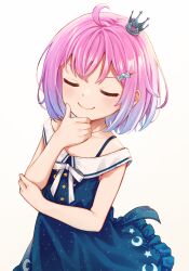 Rule 34 | 1girl, blue dress, bob cut, candy hair ornament, closed eyes, cowboy shot, crescent print, crossed arms, crown, dress, facing viewer, food-themed hair ornament, gradient hair, hair ornament, hairclip, hand on own chin, highres, himemori luna, himemori luna (sundress), hololive, medeshima marota, medium hair, mini crown, multicolored hair, official alternate costume, official alternate hair length, official alternate hairstyle, pink hair, print dress, purple hair, sailor collar, sailor dress, short dress, sleeveless, sleeveless dress, smile, solo, starry sky print, stroking own chin, tilted headwear, virtual youtuber, white sailor collar