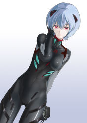 Rule 34 | 1girl, arm behind back, ayanami rei, black bodysuit, bodysuit, breasts, breasts apart, closed mouth, cowboy shot, dutch angle, gradient background, grey background, hair between eyes, hand in own hair, headgear, highres, ivuki, looking at viewer, medium breasts, neon genesis evangelion, plugsuit, red eyes, shiny clothes, short hair, silver hair, solo, standing, thigh gap