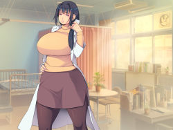 Rule 34 | 1girl, bed, black hair, blush, breasts, day, feet out of frame, female focus, groin, hand on own hip, hand up, huge breasts, infirmary, jewelry, lab coat, legs, light rays, long hair, looking at viewer, nipples, original, pantyhose, parted lips, pink eyes, ring, school nurse, skirt, solo, standing, sweater, thighs, turtleneck, turtleneck sweater, wedding band, window, yoko juusuke