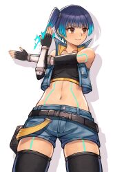 Rule 34 | 1girl, 20060715, absurdres, belt, black gloves, black thighhighs, blue hair, blue shorts, blue vest, body markings, brown eyes, closed mouth, collarbone, crop top, cropped vest, cross-body stretch, elbow gloves, fiery hair, fingerless gloves, gloves, gradient hair, highres, multicolored hair, navel, pouch, sena (xenoblade), short hair, short shorts, shorts, side ponytail, simple background, skindentation, smile, solo, standing, thighhighs, vest, white background, xenoblade chronicles (series), xenoblade chronicles 3