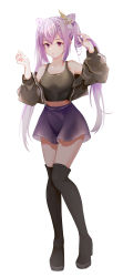 Rule 34 | 1girl, absurdres, alternate costume, arm up, black jacket, black tank top, black thighhighs, boots, braid, casual, collarbone, cone hair bun, crossed bangs, flower, full body, genshin impact, hair bun, hair flower, hair ornament, hand in own hair, highres, holding, holding own hair, jacket, keqing (genshin impact), long hair, looking away, midriff, off shoulder, open mouth, purple eyes, purple hair, purple skirt, single braid, skirt, solo, tank top, thigh boots, thighhighs, twintails, white background, xiaoxiao (user ackt2884)