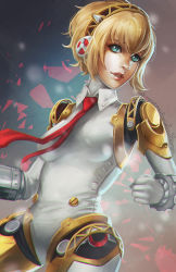 Rule 34 | 1girl, aegis (persona), android, blonde hair, blue eyes, headgear, joints, koyorin, light smile, lips, looking at viewer, parted lips, persona, persona 3, robot joints, short hair, solo