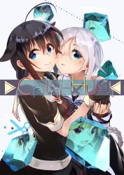 Rule 34 | 2girls, ahoge, aqua background, bare shoulders, black gloves, black hair, black serafuku, black shirt, black skirt, blue eyes, blue neckwear, blush, bow, braid, character request, cheek-to-cheek, chig, closed mouth, collarbone, comiket 90, commentary request, elbow gloves, eyelashes, eyes visible through hair, fingerless gloves, from side, gloves, hair between eyes, hair bow, hair flaps, hair over shoulder, hands up, heads together, hug, kantai collection, light particles, lips, long hair, looking at viewer, mole, mole under eye, multiple girls, neckerchief, necktie, one eye closed, pleated skirt, raised eyebrows, red neckwear, sailor collar, school uniform, serafuku, shigure (kancolle), shirt, short sleeves, simple background, single braid, skirt, sleeve cuffs, sleeveless, sleeveless shirt, smile, strap, title, umikaze (kancolle), upper body, very long hair, white hair