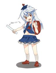Rule 34 | 1girl, arrow (symbol), backpack, bad id, bad twitter id, bag, blue hair, brown eyes, commentary request, hat, kamishirasawa keine, looking at viewer, midriff, navel, no nose, open mouth, ori (yellow duckling), ruler, skirt, solo, touhou, translation request, aged down