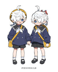 Rule 34 | &gt;:(, 1boy, 1girl, :d, aged down, ahoge, alisaie leveilleur, alphinaud leveilleur, bag, black footwear, black shorts, black skirt, blue eyes, blue jacket, bow, braid, braided ponytail, brother and sister, buttons, child, chinese commentary, chinese text, clenched hand, commentary request, elezen, elf, final fantasy, final fantasy xiv, frilled socks, frills, full body, hair bow, hair over one eye, hat, unworn headwear, holding hands, jacket, kindergarten uniform, long sleeves, looking at viewer, mary janes, neckerchief, one eye covered, open mouth, pointy ears, sailor collar, school hat, shoes, short hair, shorts, shoulder bag, siblings, simple background, single braid, skirt, smile, socks, standing, swept bangs, translation request, twins, v-shaped eyebrows, white background, white hair, white neckerchief, white socks, wuliu heihuo, yellow headwear