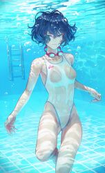 Rule 34 | 1girl, blue eyes, blue hair, breasts, bubble, closed mouth, commentary request, goggles, highres, kaoming, looking at viewer, nanjou ao, original, pool ladder, see-through, see-through swimsuit, solo, swim goggles, swimsuit, underwater