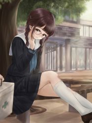 Rule 34 | 1girl, absurdres, blunt bangs, blush, braid, brown hair, child, commission, first aid kit, free palet, glasses, hair ornament, hairclip, hand up, head down, highres, kneehighs, long sleeves, looking at another, neckerchief, on bench, original, outdoors, parted bangs, pixiv commission, pleated skirt, red-framed eyewear, school, school uniform, scraped knee, serafuku, sitting, skirt, socks, solo focus, tearing up, tree, twin braids, under tree