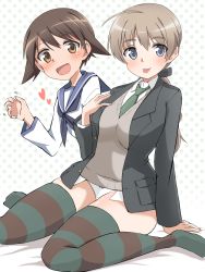 Rule 34 | 2girls, black jacket, blazer, blue eyes, blue neckwear, blue sailor collar, braid, brown eyes, brown hair, commentary request, curled fingers, full body, green neckwear, hair flaps, heart, highres, jacket, long hair, looking at viewer, lynette bishop, miyafuji yoshika, multiple girls, neckerchief, necktie, panties, polka dot, polka dot background, sailor collar, sailor shirt, shirt, short hair, single braid, sitting, strike witches, striped clothes, striped legwear, striped thighhighs, sweater vest, thighhighs, tongue, tongue out, underwear, vr46, wariza, white background, white panties, white shirt, world witches series