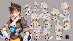 Rule 34 | 1girl, ;p, artist name, bodysuit, brown eyes, brown hair, clenched teeth, closed eyes, collarbone, ein lee, expressionless, expressions, freckles, gloves, glowing, grey background, grin, hand on own hip, jacket, looking at viewer, multiple views, one eye closed, open mouth, overwatch, overwatch 1, short hair, simple background, sketch, smile, smug, spiked hair, spot color, teeth, tongue, tongue out, tracer (overwatch), upper body, watermark