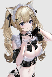 Rule 34 | 1girl, :|, animal ears, arm belt, barbara (genshin impact), belly chain, belt, belt collar, black belt, black bow, black gloves, black ribbon, blonde hair, blue eyes, bow, breasts, cat ears, chain, cleavage, cleavage cutout, closed mouth, clothing cutout, collar, detached sleeves, fingerless gloves, frills, genshin impact, gloves, grey background, hair between eyes, hair ornament, hair ribbon, hairclip, hands on own chest, highres, jewelry, large breasts, maid, maid headdress, midriff, navel, o-ring, raiya atelier, ribbon, short sleeves, simple background, single detached sleeve, single glove, solo, twintails, wrist belt, x hair ornament