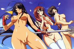 Rule 34 | 00s, 3girls, ahoge, ass, blue eyes, breasts, brown eyes, brown hair, chouhi ekitoku, cleft of venus, fingerless gloves, glasses, gloves, green eyes, hair bobbles, hair ornament, hair over one eye, own hands clasped, ikkitousen, ikkitousen dragon destiny, kan&#039;u unchou, long hair, looking back, megami magazine, multiple girls, nipples, nude, nude filter, open mouth, own hands together, petals, pinup (style), polearm, purple hair, pussy, rin-sin, ryuubi gentoku, scan, short hair, sky, smile, spear, standing, thighhighs, thighs, third-party edit, uncensored, very long hair, volume80, weapon, white legwear, wind