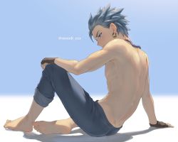 Rule 34 | arm support, artist name, back, barefoot, blue background, blue eyes, blue pants, brown gloves, camus (dq11), commentary request, dragon quest, dragon quest xi, earrings, fingerless gloves, from side, gloves, highres, jewelry, looking down, male focus, mondi hl, necklace, pants, short hair, sitting, solo, spiked hair, sweat, topless male, twitter username