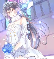 Rule 34 | 1girl, absurdres, amekawa setsu, bare shoulders, blue flower, blue hair, blush, bouquet, bridal veil, bride, cowboy shot, detached sleeves, dress, earrings, flower, hair between eyes, highres, holding, holding bouquet, jewelry, long hair, looking at viewer, love live!, love live! school idol festival, love live! school idol project, smile, solo, sonoda umi, strapless, strapless dress, tiara, veil, wedding dress, white dress, yellow eyes