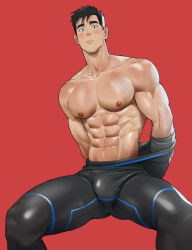 Rule 34 | 1boy, abs, absurdres, bara, black bodysuit, black hair, blush, bodysuit, bodysuit pull, bulge, closed mouth, highres, large pectorals, looking at viewer, male focus, muscular, muscular male, naoki (xhju8282), navel, nipples, original, pectorals, red background, short hair, simple background, solo