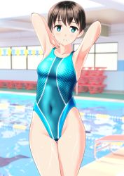 Rule 34 | 1girl, absurdres, aqua one-piece swimsuit, armpits, arms behind head, blue eyes, blue one-piece swimsuit, breasts, brown hair, cameltoe, clothes writing, competition swimsuit, covered navel, cowboy shot, highres, indoors, looking at viewer, multicolored clothes, multicolored swimsuit, one-piece swimsuit, original, parted lips, pool, poolside, presenting armpit, short hair, small breasts, solo, standing, swimsuit, takafumi, thigh gap