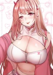 Rule 34 | 1girl, blush, breasts, chain, cleavage, crop top, earrings, goddess of victory: nikke, heart, heart collar, highres, horns, jacket, jewelry, large breasts, light brown hair, long hair, looking at viewer, mamemix, mask, mask pull, mole, mole under eye, mouth mask, navel, pink eyes, pink horns, pink jacket, sidelocks, single earring, solo, tongue, tongue out, viper (nikke), zipper, zipper pull tab
