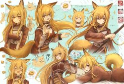 Rule 34 | 1girl, 3 (sanyako1), ^^^, animal, animal ears, arknights, axe, baklava, belt, blonde hair, blush, bracelet, breast press, breasts, ceobe (arknights), closed mouth, dog, dog ears, dog girl, dog tail, eating, fang, fang out, food, heart, highres, holding, holding food, holding weapon, infection monitor (arknights), jewelry, large breasts, long hair, long sleeves, looking at viewer, lying, multiple views, hugging object, on stomach, open mouth, pajamas, pillow, pillow hug, red eyes, smile, sparkle, tail, thought bubble, very long hair, weapon