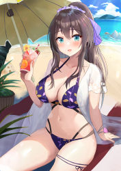 Rule 34 | 1girl, absurdres, aqua eyes, arm at side, assault lily, beach, beach towel, bikini, blue sky, blush, breasts, brown hair, cleavage, cloud, collarbone, commentary request, commission, cup, day, drinking glass, drinking straw, fingernails, floral print, flower, food, fruit, hair between eyes, hair ornament, hair ribbon, hair scrunchie, hand up, high ponytail, highres, holding, holding cup, ice, ice cube, large breasts, long hair, looking at viewer, multi-strapped bikini bottom, navel, ocean, official alternate costume, on ground, orange (fruit), orange slice, ousaka chisato, outdoors, parasol, parted lips, pink flower, ponytail, print bikini, purple bikini, purple ribbon, purple scrunchie, ribbon, scrunchie, see-through, serizawa chikaru, short sleeves, sitting, skeb commission, sky, smile, solo, stomach, strawberry, swimsuit, swimsuit cover-up, thigh strap, towel, tropical drink, umbrella, wrist flower, yellow flower
