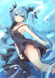 Rule 34 | 1girl, absurdres, bare shoulders, black bow, black dress, blue eyes, blue hair, bow, breasts, bubble, commentary, dress, feet out of frame, hair bow, hatsune miku, highres, long hair, looking at viewer, medium breasts, open mouth, shinkai shoujo (vocaloid), sideboob, solo, spaghetti strap, twintails, underwater, very long hair, vocaloid, yuirinex