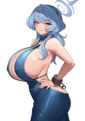 Rule 34 | 1girl, absurdres, ako (blue archive), ako (dress) (blue archive), ass, backless dress, backless outfit, bare shoulders, blood hood, blue archive, blue dress, blue eyes, blue hair, blue halo, blush, breasts, closed mouth, covered erect nipples, cowboy shot, cuffs, dress, hair between eyes, hairband, halo, hand on own hip, highres, huge breasts, jewelry, long hair, looking at viewer, nail polish, official alternate costume, sideboob, simple background, sleeveless, sleeveless dress, solo, standing, white background